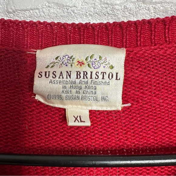 Vintage Susan Bristol 1995 Dogs on Leashes w Bells Red Button Front Cardigan XL - Picture 4 of 6